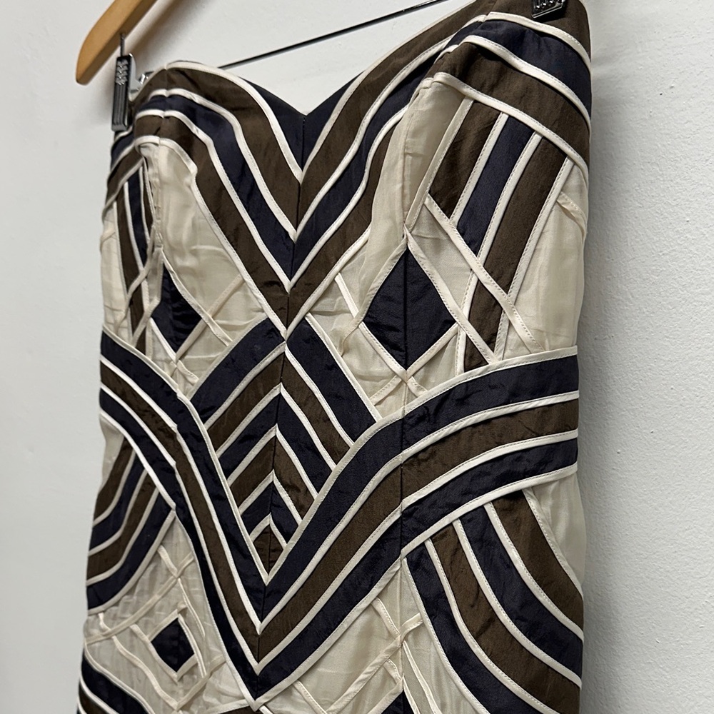 Carolina Herrera Dress Strapless Midi Silk Striped Brown Cream Size Large * - Picture 4 of 8